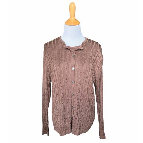 VTG 90's NWT Brown Talbots 100% Silk Cable Knit Button Up Cardigan W/ Top- Sz M - Picture 3 of 9